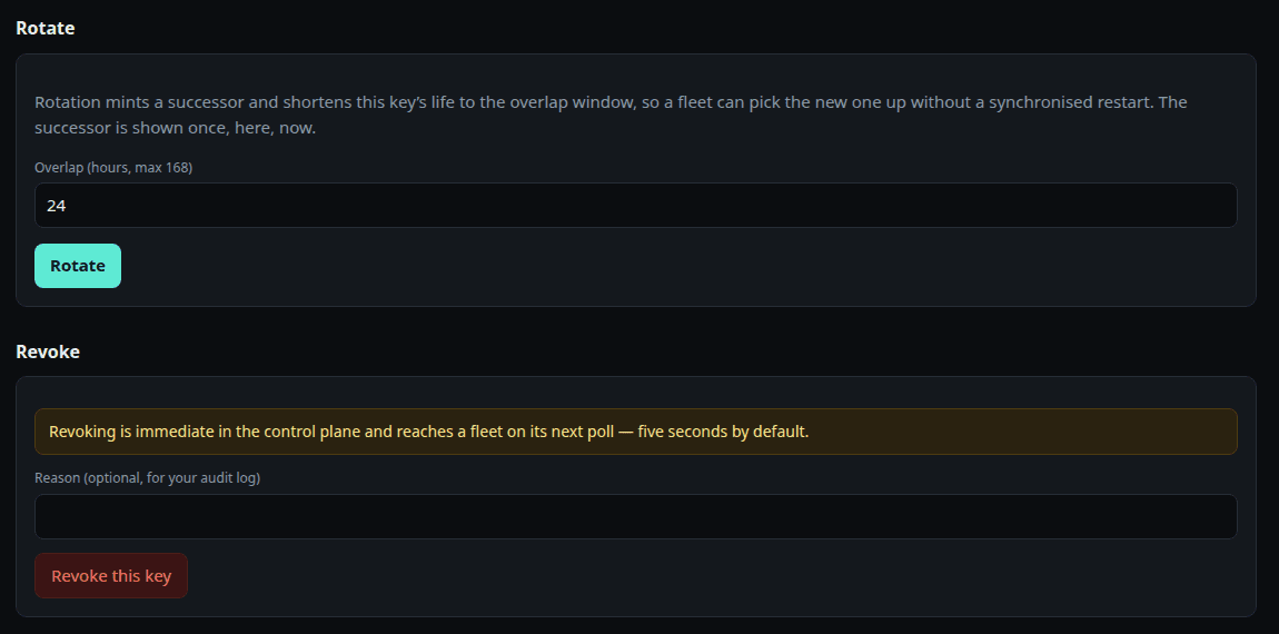 The Rotate and Revoke sections at the bottom of a key page