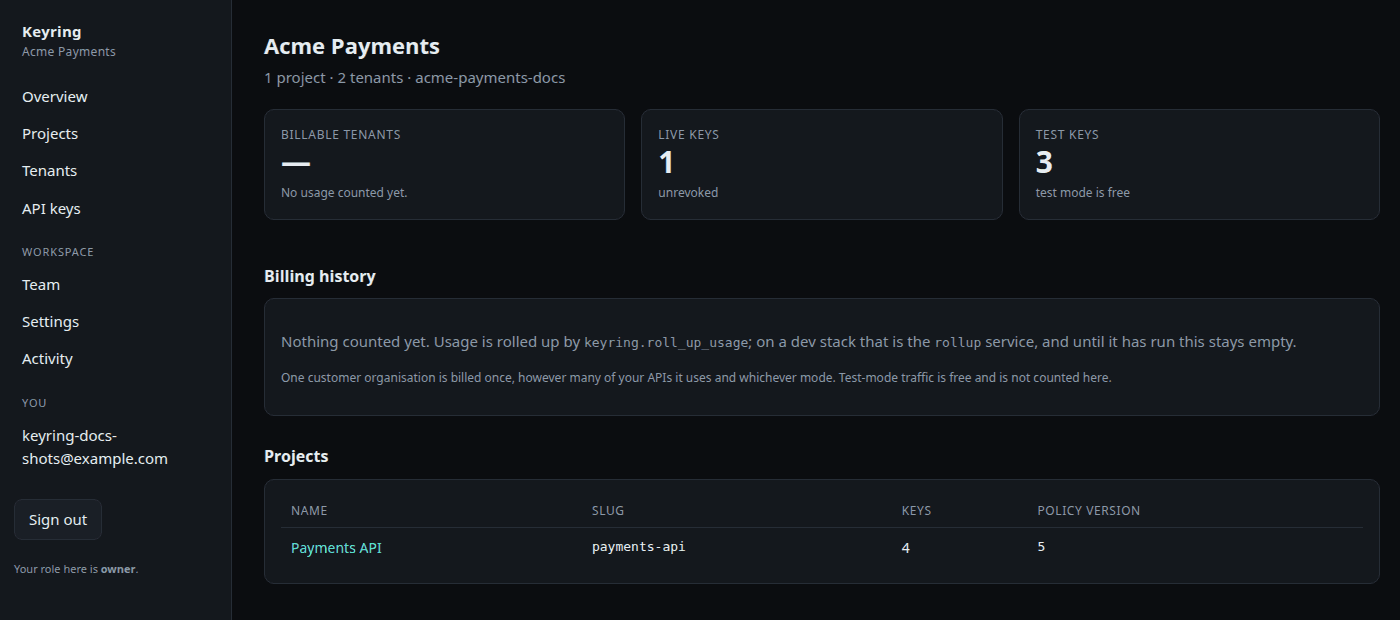 The workspace overview: billable tenants, live and test key counts, billing history and the project list