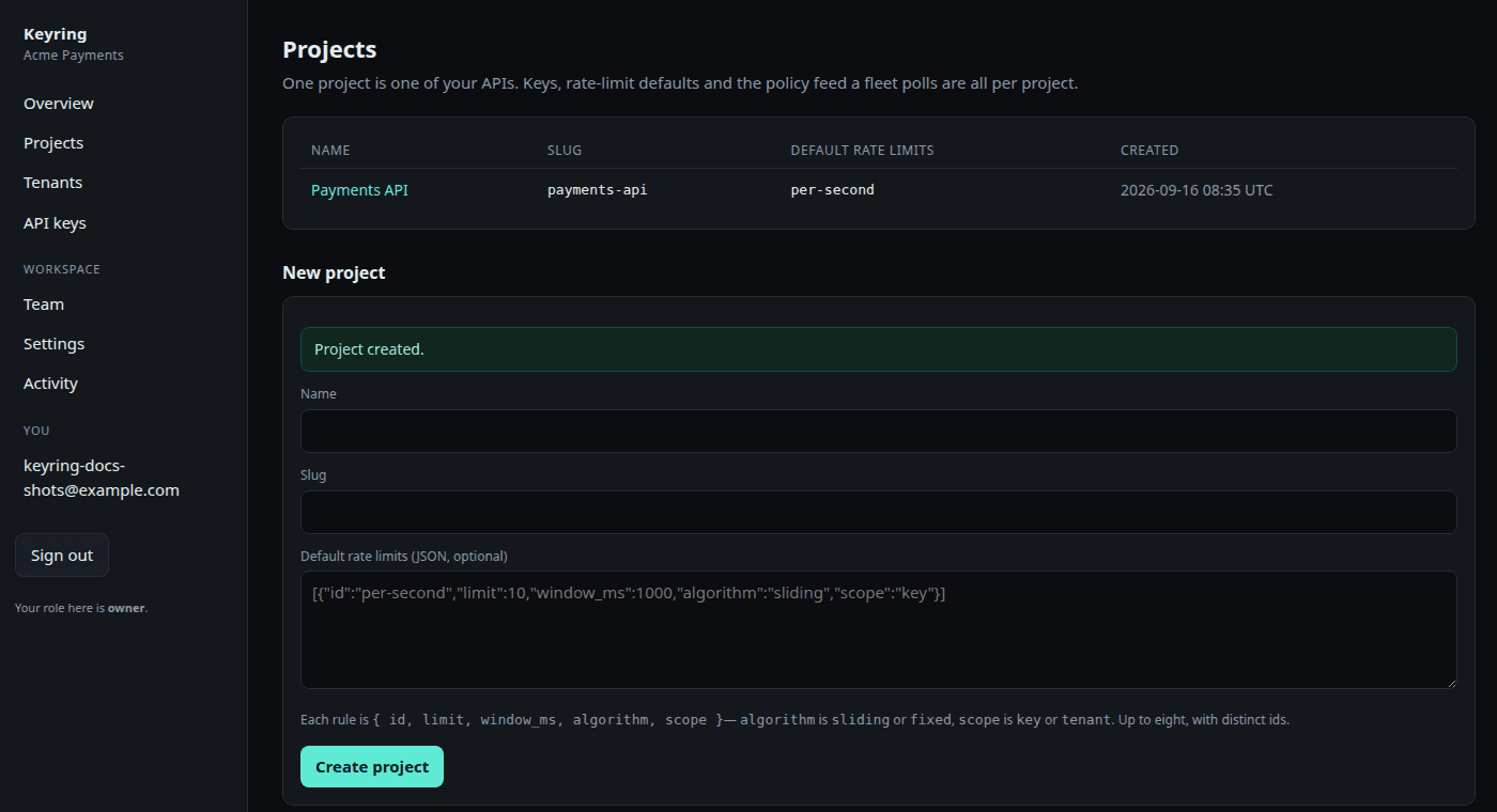 The Projects page: the project table and the New project form with a default rate limit