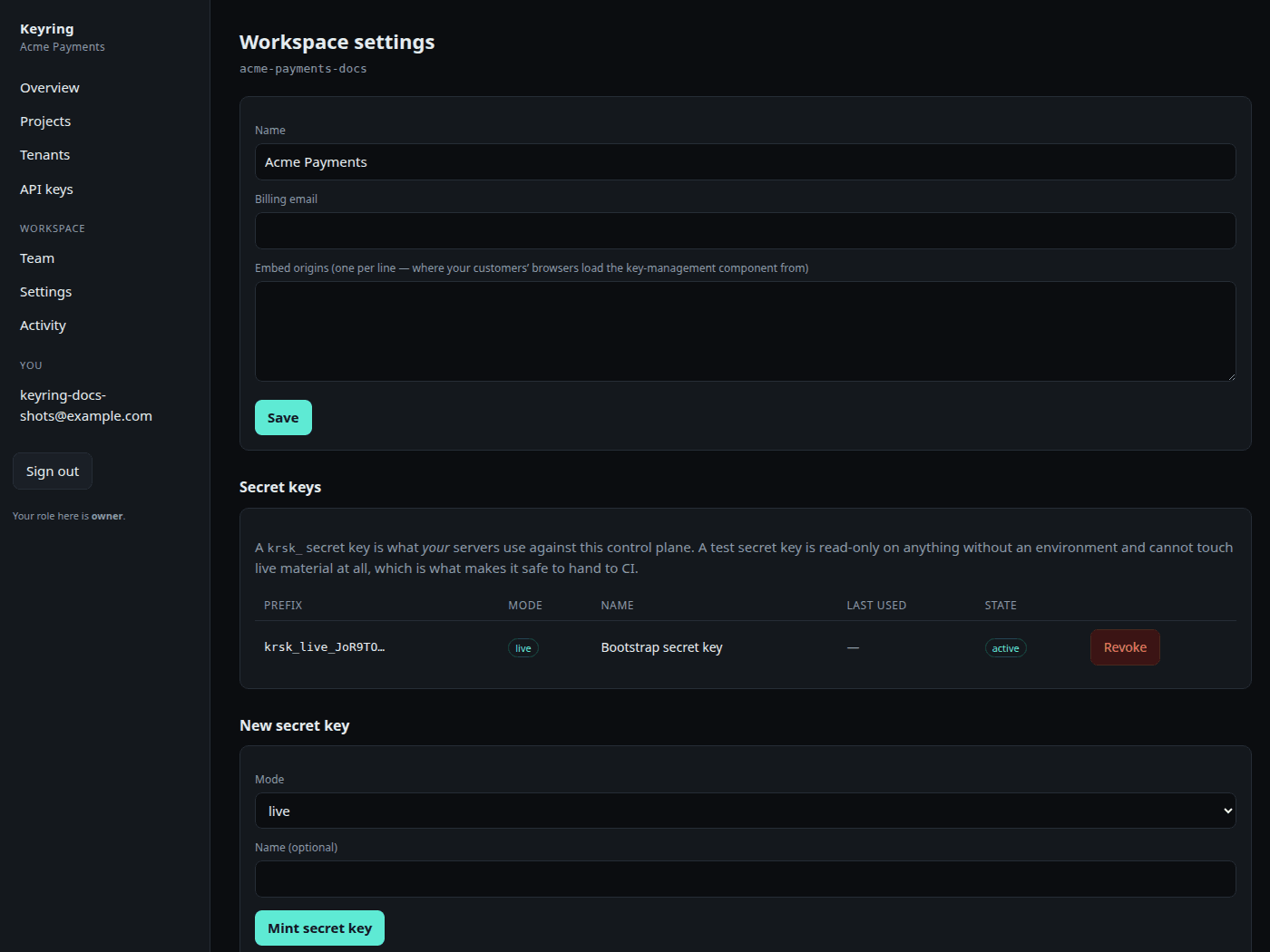 Workspace settings: name, billing email, embed origins, the secret-key table and the New secret key form