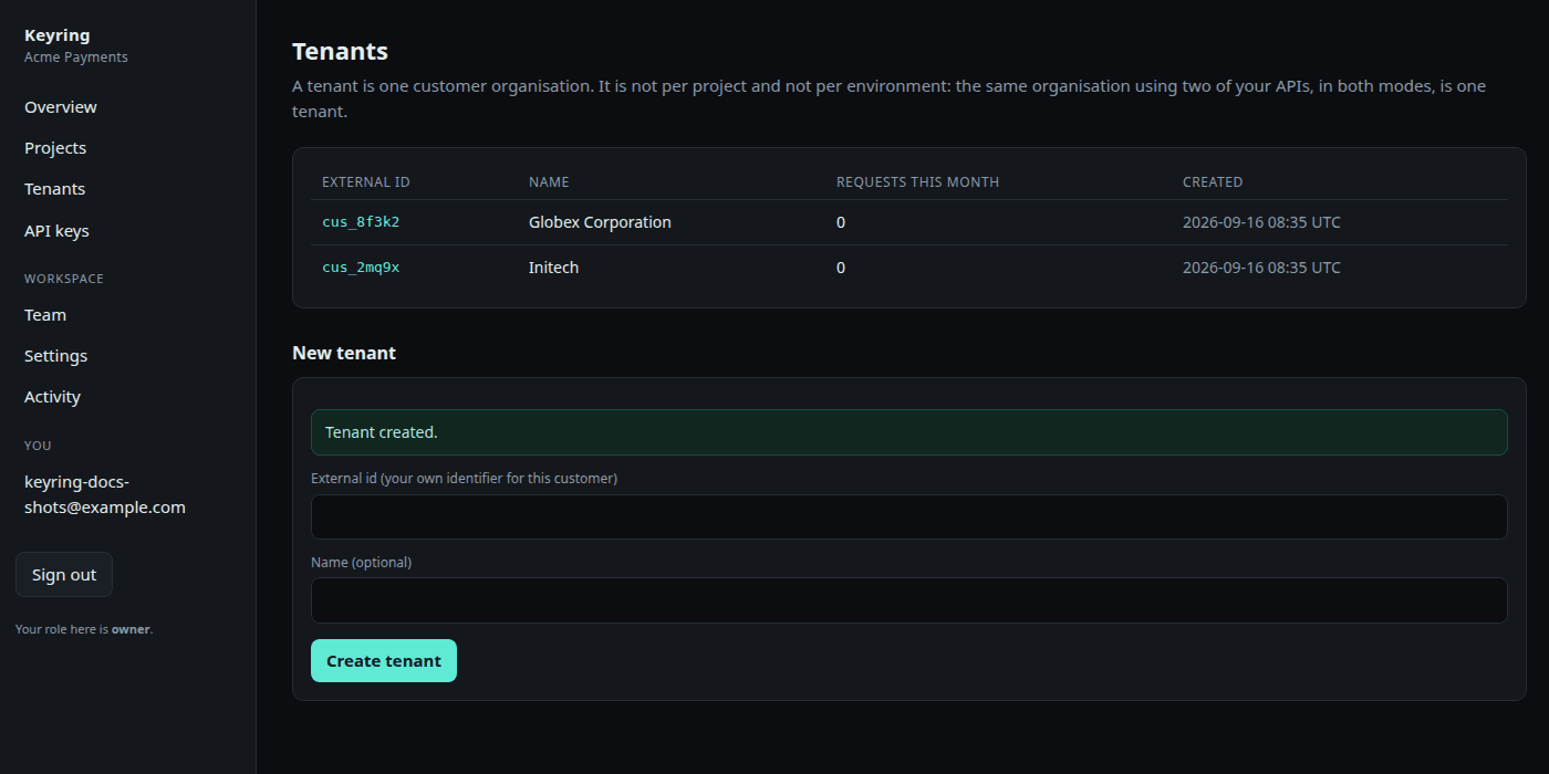 The Tenants page: two tenants and the New tenant form