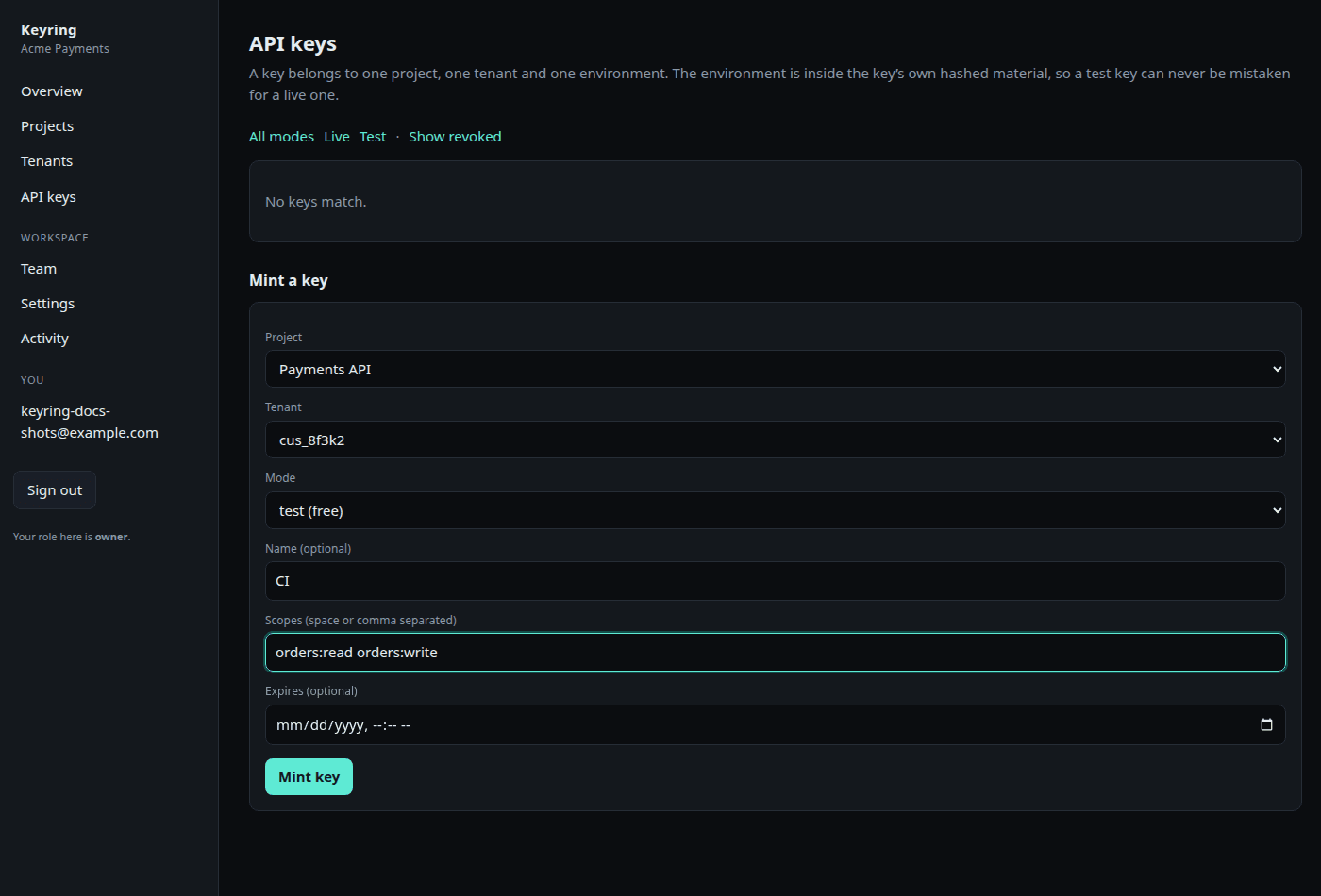 The Mint a key form: project, tenant, mode, name, scopes and expiry